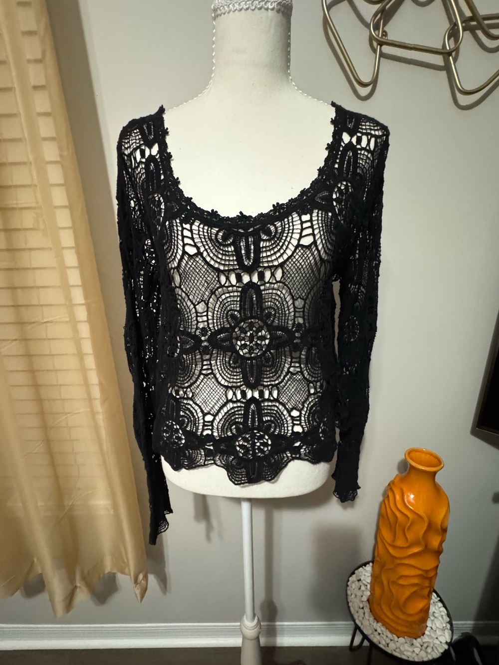INC International Concepts Black Crochet Lace Long-Sleeve Top